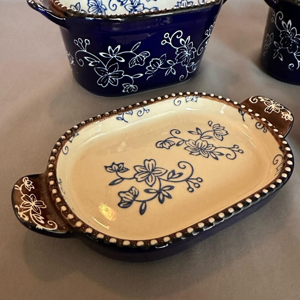 Temptations 10oz Baking Dish - Set of 2 - Floral Lace - Cobalt Blue White Brown - Picture 4 of 10